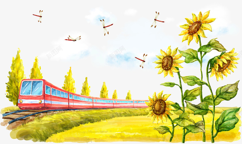 火车与向日葵psd免抠素材_新图网 https://ixintu.com 向日葵 火车 黄色