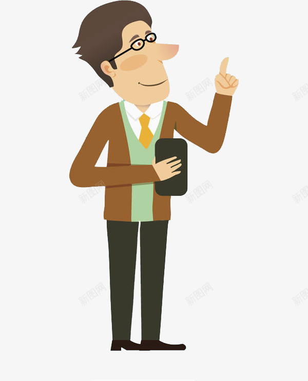 短发男人png免抠素材_新图网 https://ixintu.com 微笑 手机 手绘 指手 棕色开衫 男孩 眼镜框 黄色领带 黑色裤子