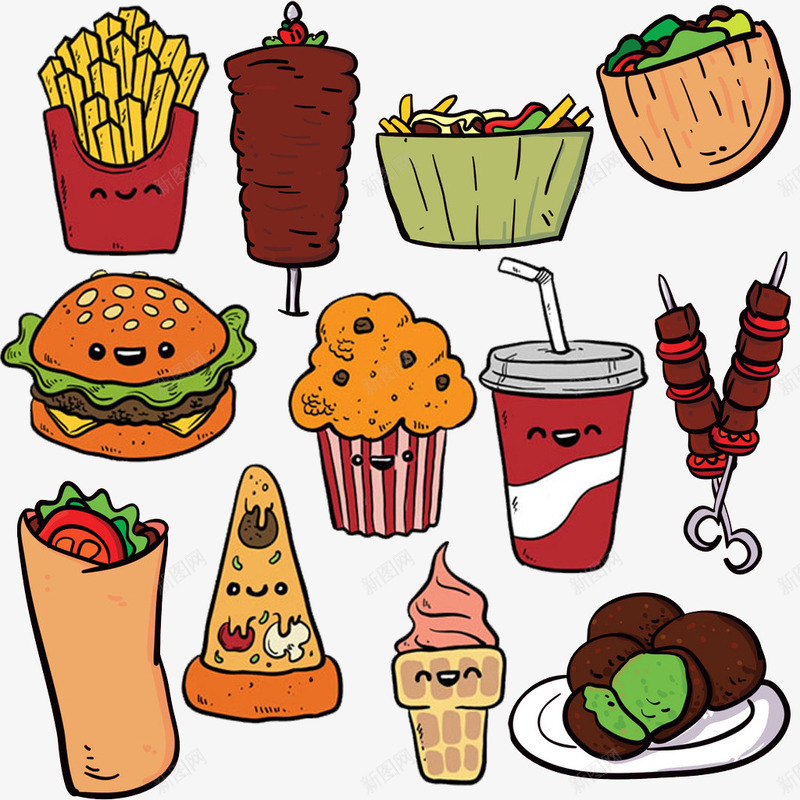 卡通美食png免抠素材_新图网 https://ixintu.com 可乐 披萨 烤肉 爆米花 食物