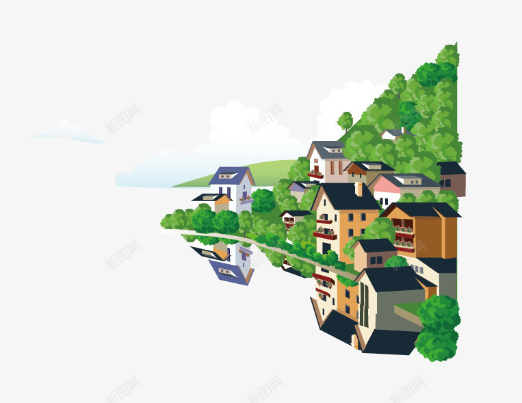 水边建筑png免抠素材_新图网 https://ixintu.com 倒影 建筑 树木 绿色