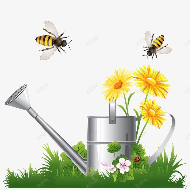 水壶花蜜蜂png免抠素材_新图网 https://ixintu.com 卡通 水壶 花 蜜蜂