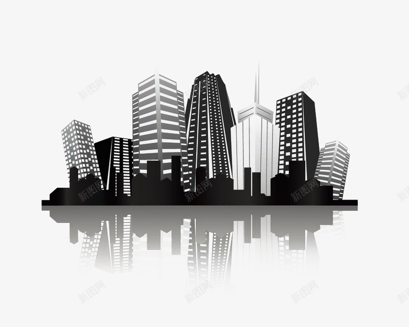 高楼大厦的剪影png免抠素材_新图网 https://ixintu.com 倒影 剪影 建筑 黑色