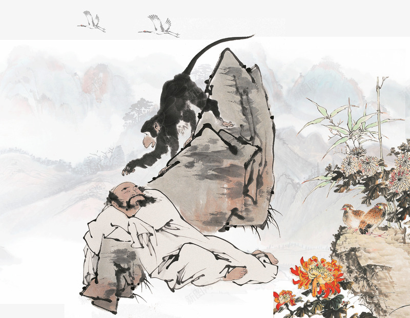 中式png免抠素材_新图网 https://ixintu.com 中国风 山石 猴子 老人
