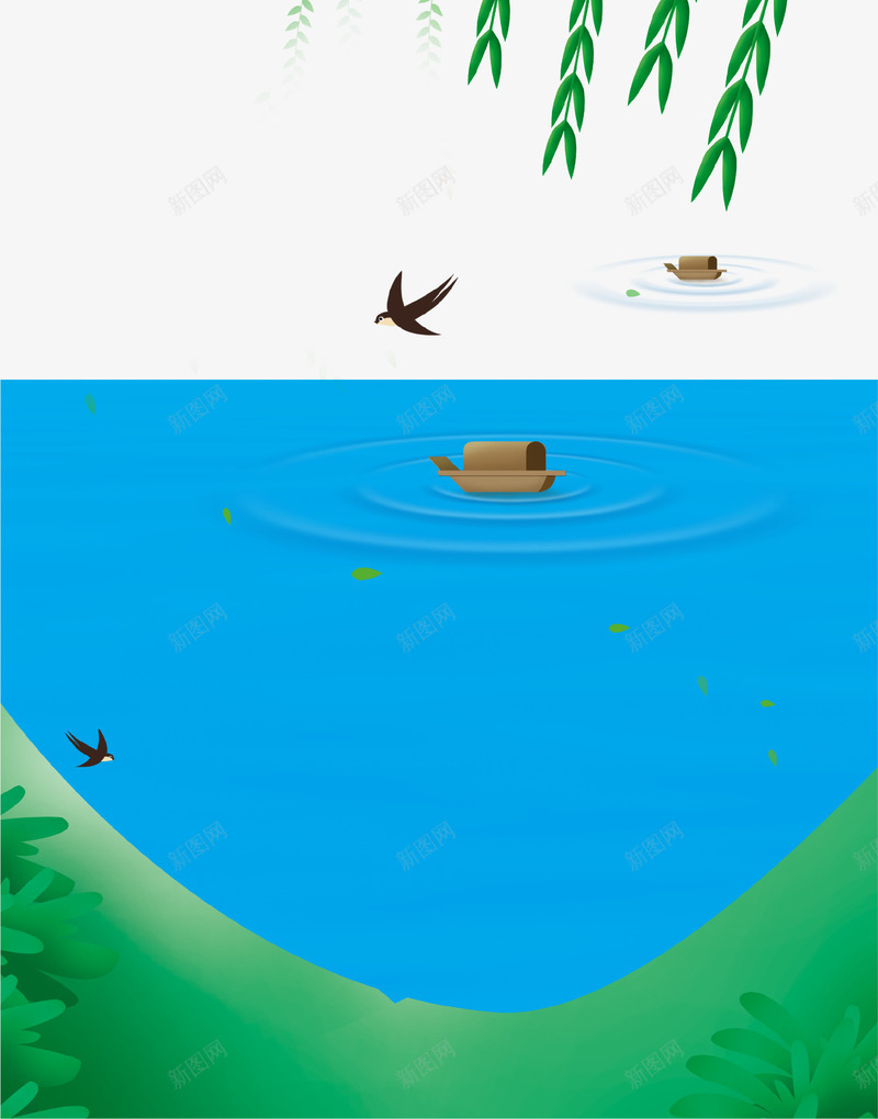 蓝色清新春季池塘海报背景png免抠素材_新图网 https://ixintu.com 小船 春季 柳树 池塘 海报 清新 燕子 蓝色