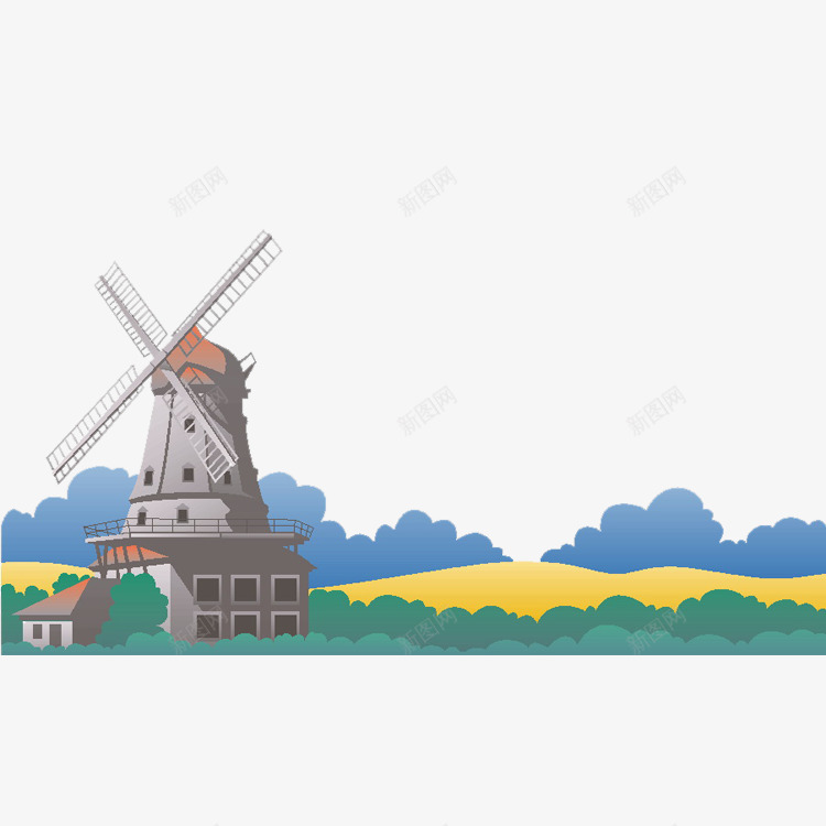 卡通风车风景png免抠素材_新图网 https://ixintu.com 卡通 建筑 风景 风车