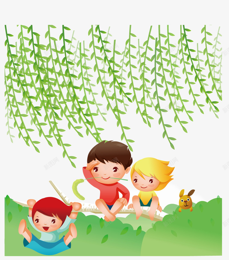 柳树下玩耍的小伙伴png免抠素材_新图网 https://ixintu.com 卡通 小伙伴 柳树 玩耍