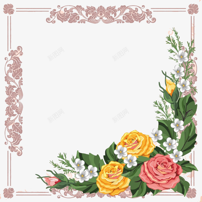 花朵合影框png免抠素材_新图网 https://ixintu.com 合影框 小白花 玫瑰花 紫色花纹 红色玫瑰 绿叶 黄色玫瑰
