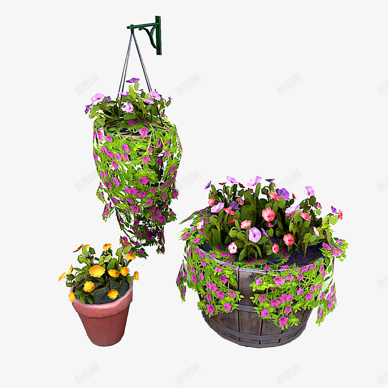 三盆吊篮花png免抠素材_新图网 https://ixintu.com 三盆 三盆吊篮花 吊篮花 棕色花盆吊篮花 植物 花草 花草植物