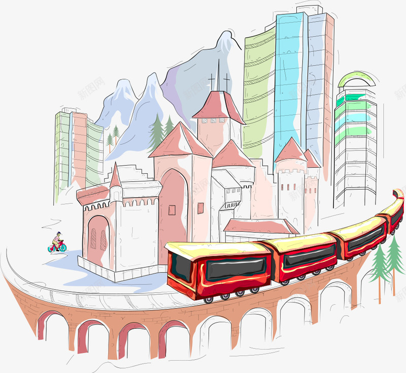 城市的火车png免抠素材_新图网 https://ixintu.com 卡通建筑 城市 建筑 火车 矢量建筑 高楼