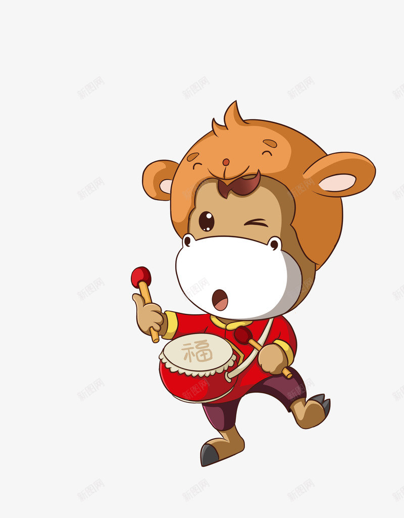 大鼓的牛卡通带小猴子帽子png免抠素材_新图网 https://ixintu.com 卡通 大鼓 帽子 水彩 猴子
