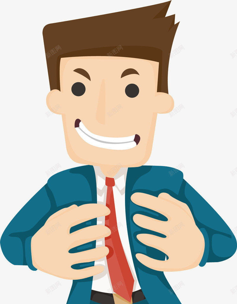 卡通职场人物png免抠素材_新图网 https://ixintu.com 卡通人物 咧嘴笑 摩拳擦掌 站立 红色领带 职场人物