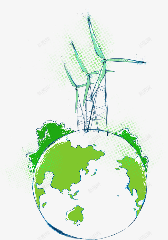 手绘地球上的风车png免抠素材_新图网 https://ixintu.com 卡通地球 卡通风车 地球 手绘地球 风车