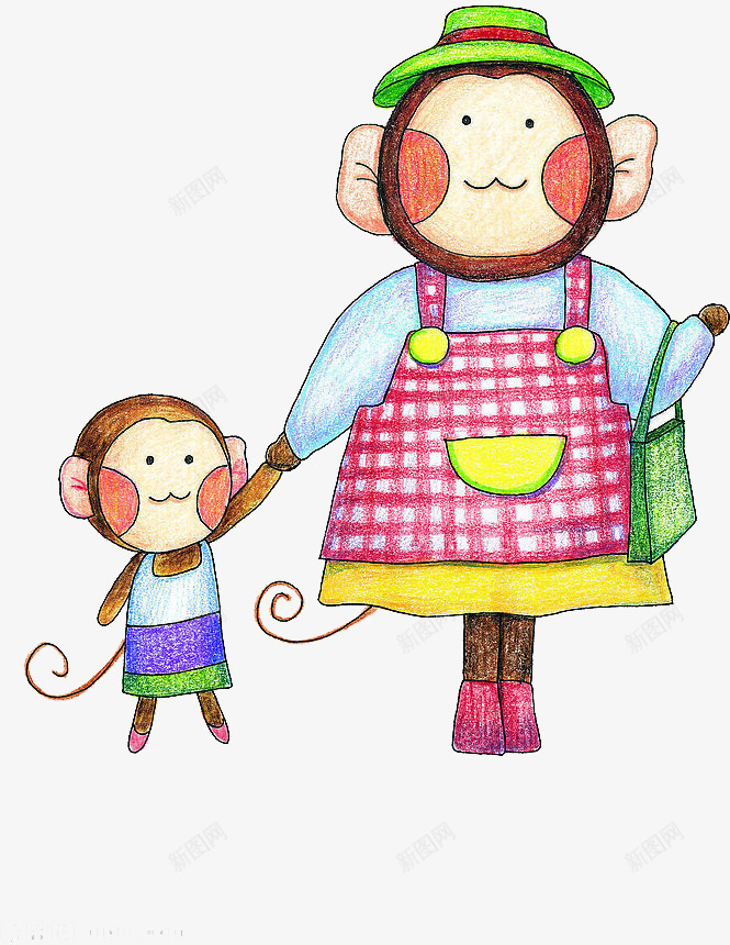 可爱手绘猴子母女png免抠素材_新图网 https://ixintu.com 可爱 母女 猴子