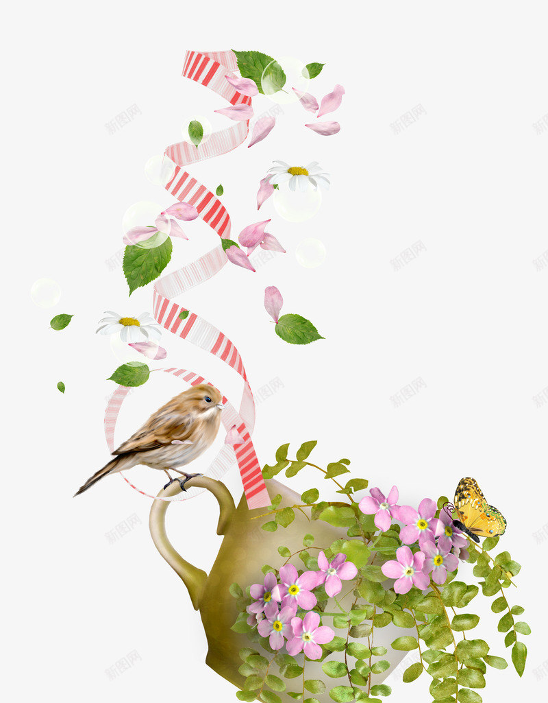 枝叶小鸟水壶png免抠素材_新图网 https://ixintu.com 叶子 小鸟 布条 枝叶 水壶 蝴蝶