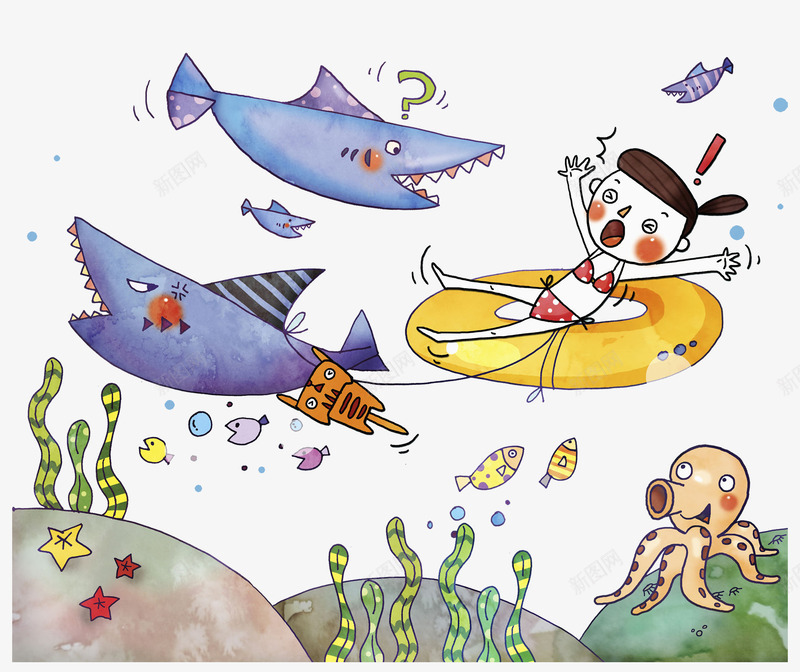 蓝色鲨鱼png免抠素材_新图网 https://ixintu.com 卡通 手绘 海洋生物 海草 游泳圈 章鱼 蓝色 鲨鱼