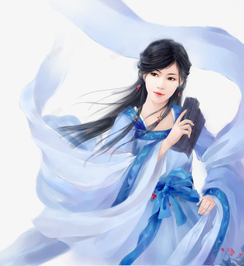 古风优雅蓝衣女子手绘png免抠素材_新图网 https://ixintu.com 优雅 古风 女子