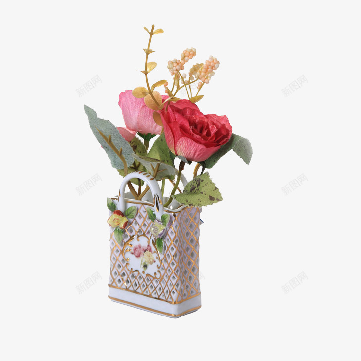 装饰花盆png免抠素材_新图网 https://ixintu.com 摆台 玫瑰花 瓷盆 绿叶