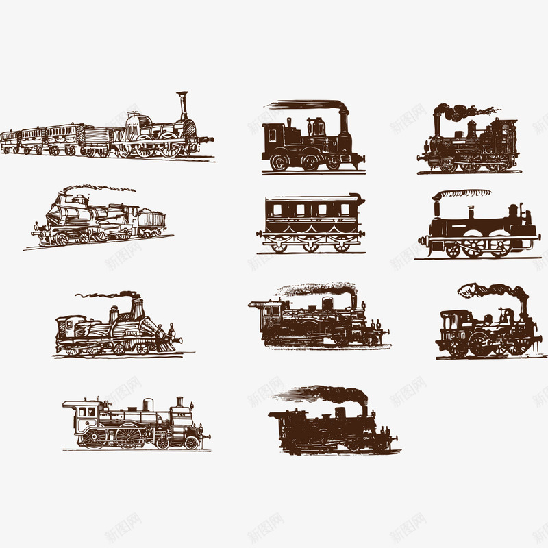 手绘插图各式蒸汽式火车png免抠素材_新图网 https://ixintu.com 古典 古老 各式火车 手绘插图 火车 老旧火车 老火车 蒸汽 蒸汽式火车