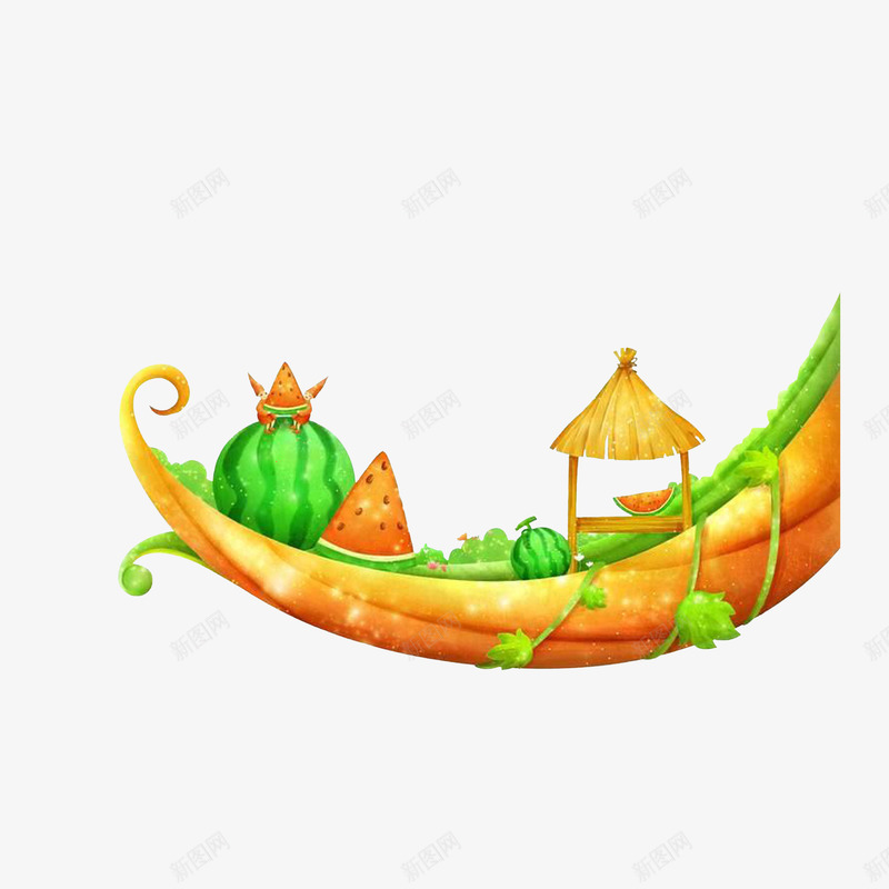 卡通蔓藤上的凉棚和西瓜png免抠素材_新图网 https://ixintu.com 凉棚 卡通小人 卡通插画 卡通蔓藤 西瓜