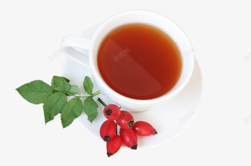 装茶水的杯子摆拍透明背景png免抠素材_新图网 https://ixintu.com 白色杯子 红果实 绿叶 茶杯 饮品