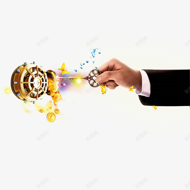 钥匙打开命运之轮psd免抠素材_新图网 https://ixintu.com 圆形轮子 手臂 插画 蓝色 金光 金币 金色钥匙
