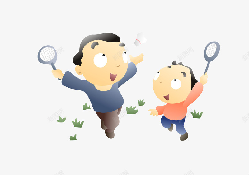卡通打羽毛球的父子插画png免抠素材_新图网 https://ixintu.com 亲子 卡通 卡通亲子旅行一家人 插画 父子 羽毛球 草地 运动 陪伴