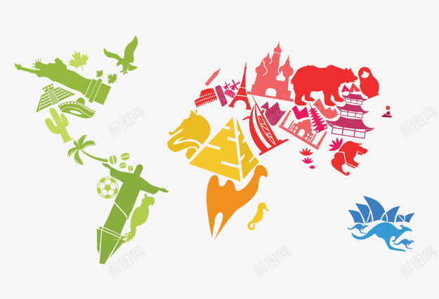 地图矢量图eps免抠素材_新图网 https://ixintu.com 卡通 地图 巴西耶稣像 悉尼 拼图 旅游景点 棕熊 澳大利亚 自由女神 袋鼠 矢量图