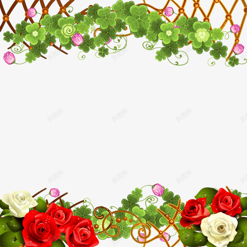 玫瑰花边框png免抠素材_新图网 https://ixintu.com 三叶草 月季花 玫瑰花 红色 绿色