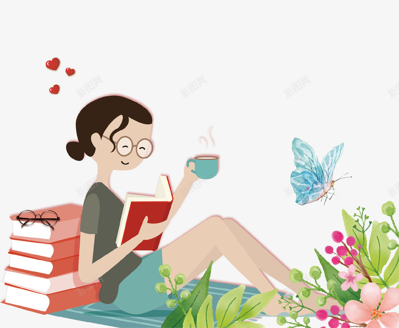 卡通手绘看书的少女插画psd免抠素材_新图网 https://ixintu.com 书本 卡通手绘 开学季 插画 看书 眼镜 腰看书 花朵 蝴蝶