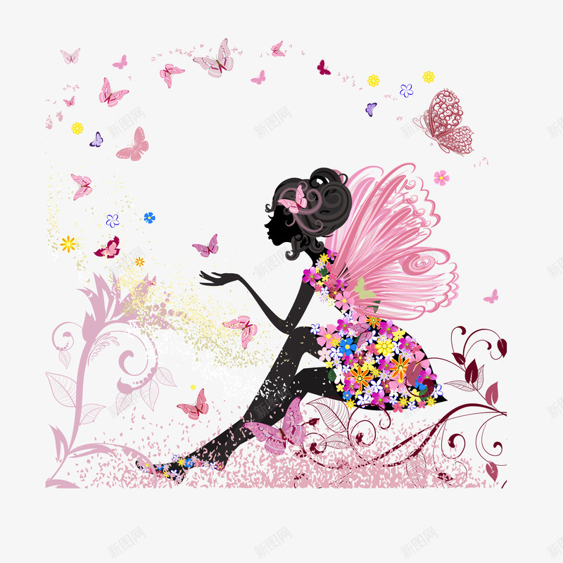 蝴蝶花卉女子插画png免抠素材_新图网 https://ixintu.com 女子蝴蝶花朵剪影人物头像装饰花卉美女 春姑娘 花姑娘