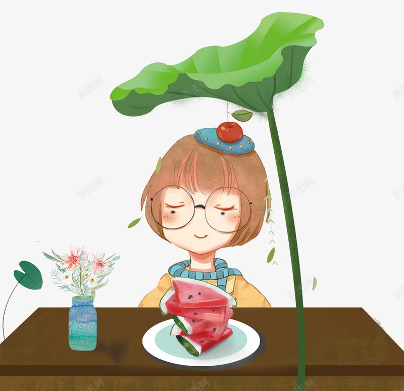夏季小清新卡通吃西瓜的小女孩psd免抠素材_新图网 https://ixintu.com 卡通 吃西瓜 夏季 夏季小清新卡通吃西瓜的小女孩 小女孩 小清新 荷叶