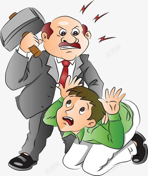 一个秃顶的人打男孩png免抠素材_新图网 https://ixintu.com 卡通手绘 害怕的人 秃顶 西装革履 锤子 领带