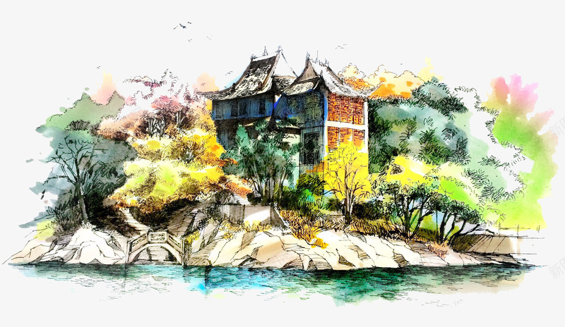 古典文艺风景美景装饰广告png免抠素材_新图网 https://ixintu.com PPT模板设计 各地风景插画 封面设计 文艺风装饰图案 旅游景点 风景插画 风景装饰
