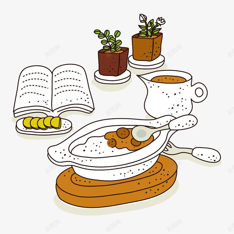 手绘简笔画美味食物png免抠素材_新图网 https://ixintu.com 书籍盆栽 卡通食物 咖啡饮品 手绘平面 美味食物 美好生活 西式食物