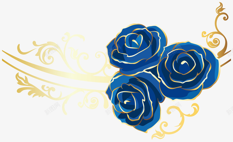 优雅玫瑰背景png免抠素材_新图网 https://ixintu.com 花朵背景 蓝色玫瑰 金色花纹 镀金