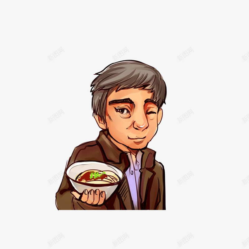 手托一碗面的男士png免抠素材_新图网 https://ixintu.com 卡通手绘 卡通男士 手托一碗面 手托东西 眨眼睛