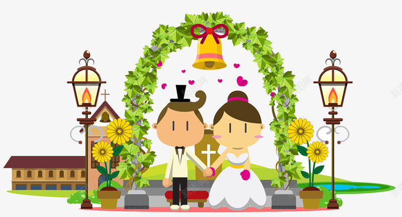 卡通婚礼新婚夫妇插画psd免抠素材_新图网 https://ixintu.com 卡通 婚礼 插画 新婚夫妇 海报设计 甜蜜 结婚季 西式婚礼 铃铛