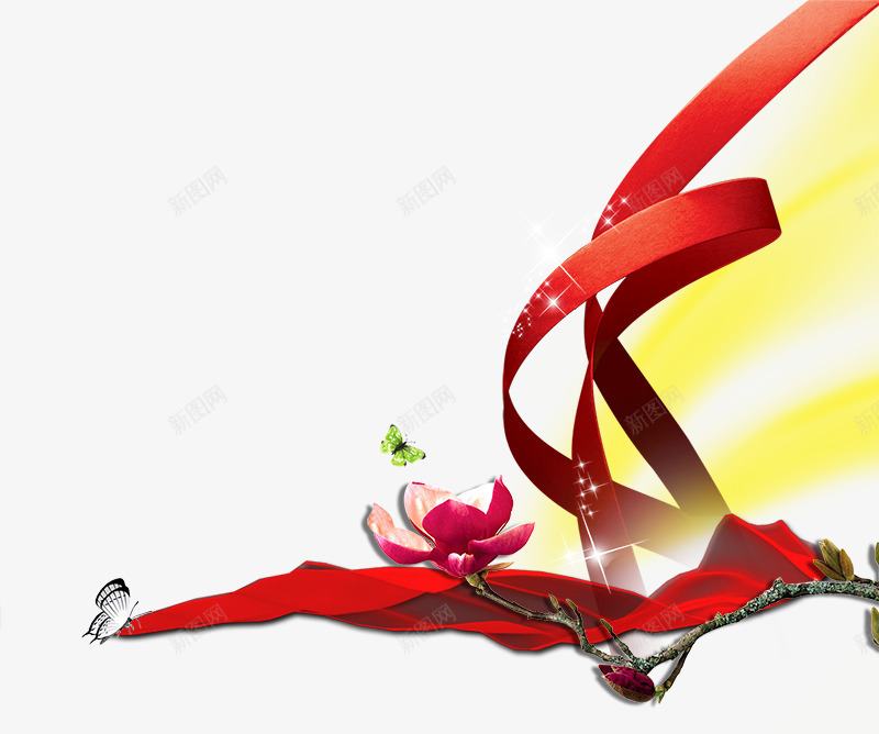 中国风红色绸带psd免抠素材_新图网 https://ixintu.com 丝带 中国风红色绸带 传统元素 星星 植物花卉 花朵 蝴蝶