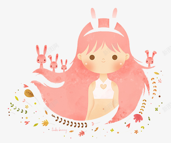 手绘兔耳朵粉发女孩psd免抠素材_新图网 https://ixintu.com 创意插画设计 卡通贺卡封面 手绘插画