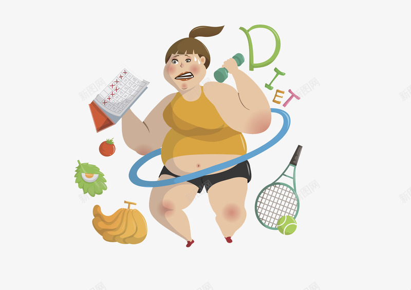 手绘运动减肥的女孩png免抠素材_新图网 https://ixintu.com 减肥 创意 呼啦圈 手绘 杠铃 流汗 羽毛球