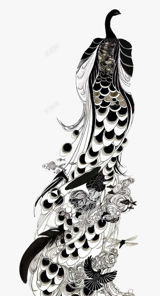 孔雀png免抠素材_新图网 https://ixintu.com 孔雀 手绘 羽毛 黑白