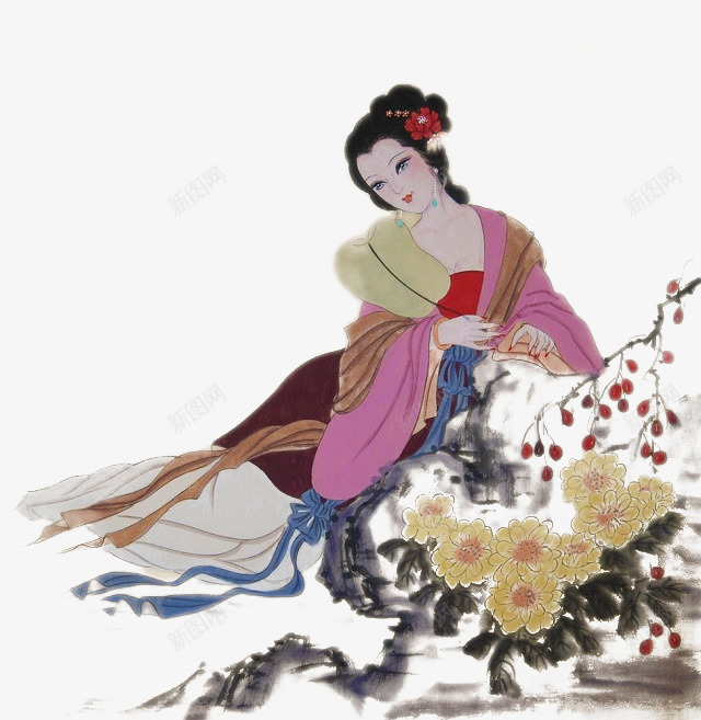 古典美女水墨画png免抠素材_新图网 https://ixintu.com 古典 古风 水墨画 美女 赏花