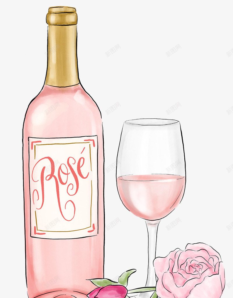 卡通手绘花朵与酒png免抠素材_新图网 https://ixintu.com 一瓶酒 创意 动漫动画 卡通手绘 简约 粉色玫瑰 高脚杯