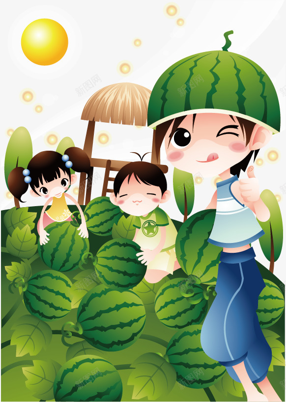 瓜园劳作矢量图ai免抠素材_新图网 https://ixintu.com 农民劳作 卡通 男孩女孩 矢量图 草棚 西瓜