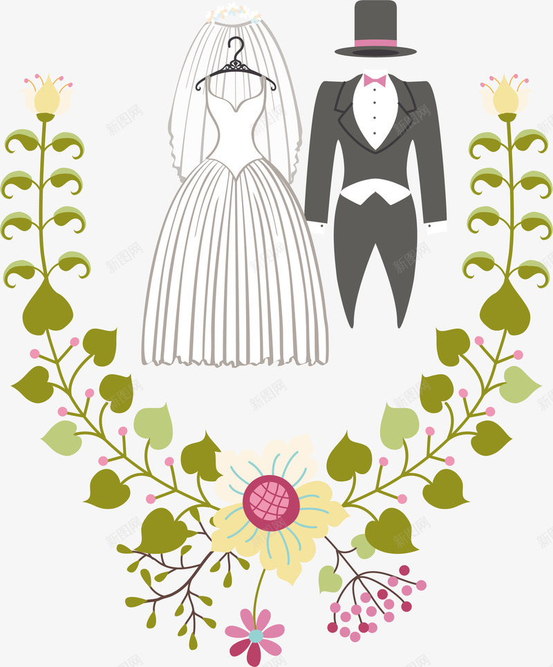 文艺风婚礼礼服png免抠素材_新图网 https://ixintu.com 叶子装饰 婚庆 婚礼礼服 文艺风 白色婚纱 黑色燕尾服