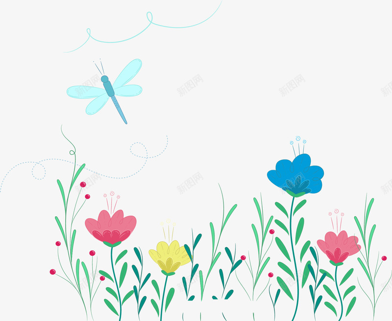 清新淡雅的花丛png免抠素材_新图网 https://ixintu.com 卡通 手绘 淡雅 清新 白云 花朵 蝴蝶