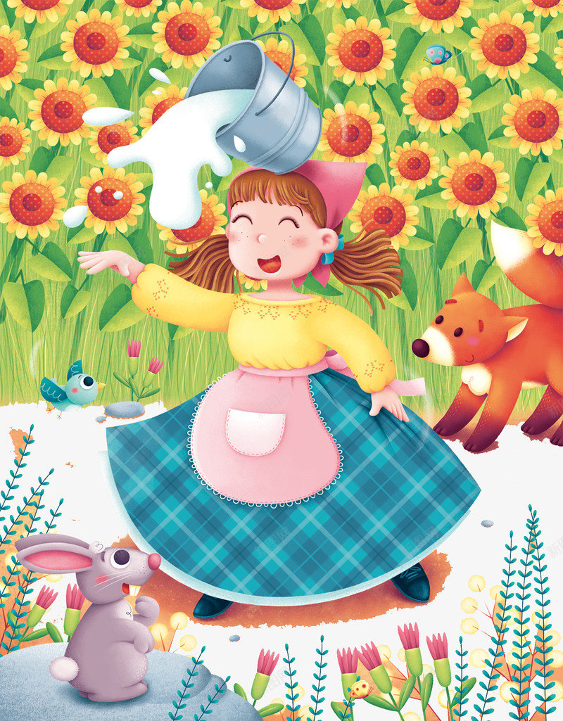 在花园浇水的小女孩psd免抠素材_新图网 https://ixintu.com 创意插画 卡通贺卡封面 手绘插画