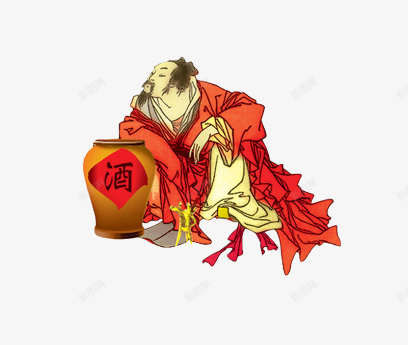 手绘古风人物酒坛png免抠素材_新图网 https://ixintu.com 中国风 古代人物 古风 手绘 手绘酒坛 红色 酒 酒坛 醉酒 饮料