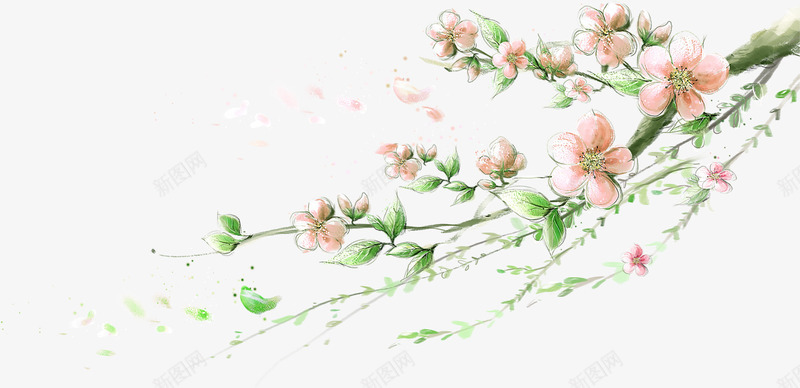 手绘粉绿色古风树叶png免抠素材_新图网 https://ixintu.com 古风 树叶 绿色
