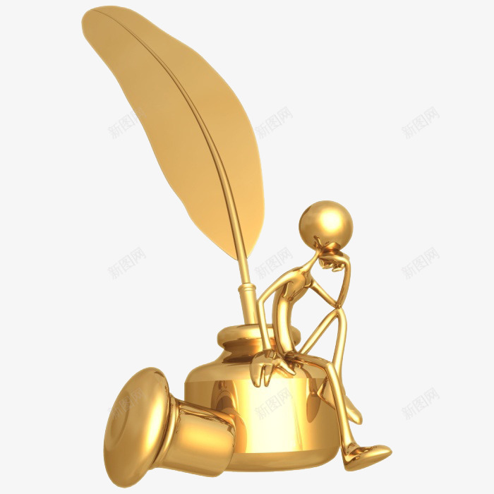思考金人png免抠素材_新图网 https://ixintu.com 3D 卡通 墨水瓶 小人 羽毛 金色 闪耀小人